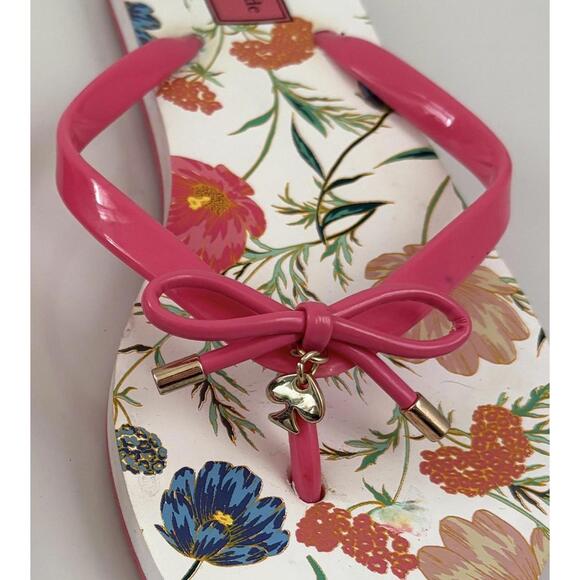 Kate Spade | Flip Flop Thong Sandals White Pink Bow Gold Spade Floral Size 8 - Picture 3 of 6